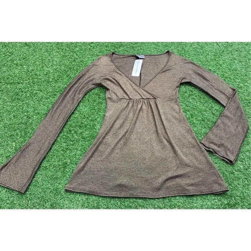 NWT NEW Michael Stars WRAP V NECK BELL SLEEVE BROWN SHINE Shirt Tunic Top O/S